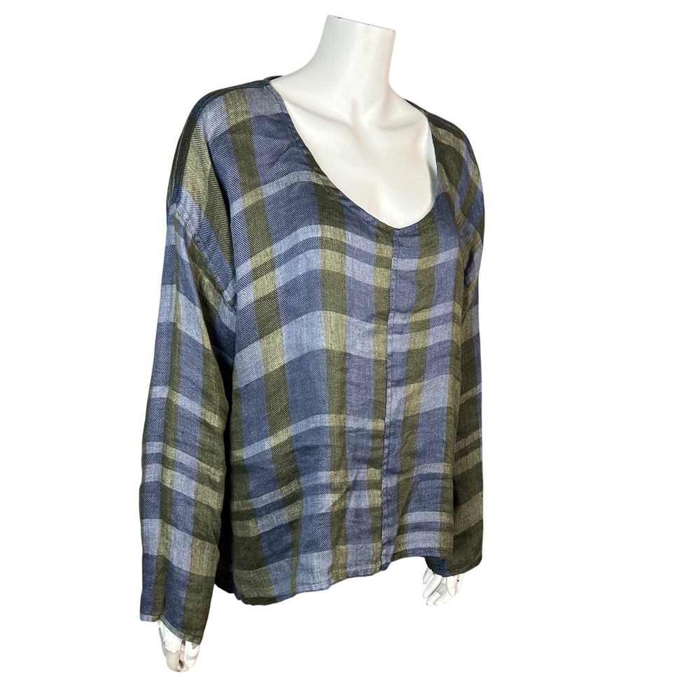 FLAX Linen Top Women's Medium Plaid Long Sleeve Oversized blue Lagenlook